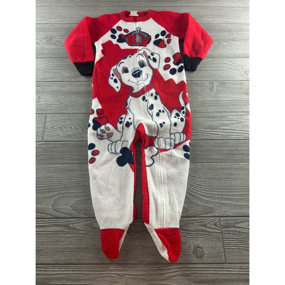 Vintage Disney 101 Dalmatians Pajamas Kids 4T Red Fleece Footie Zip Up Jammies